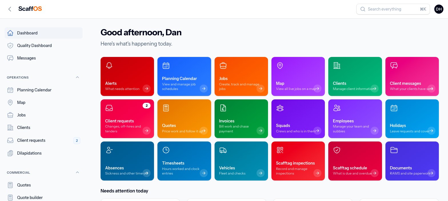 The ScaffOS office dashboard, with tiles for alerts, planning, jobs, map, clients, quotes, invoices, squads, timesheets, vans and inspections