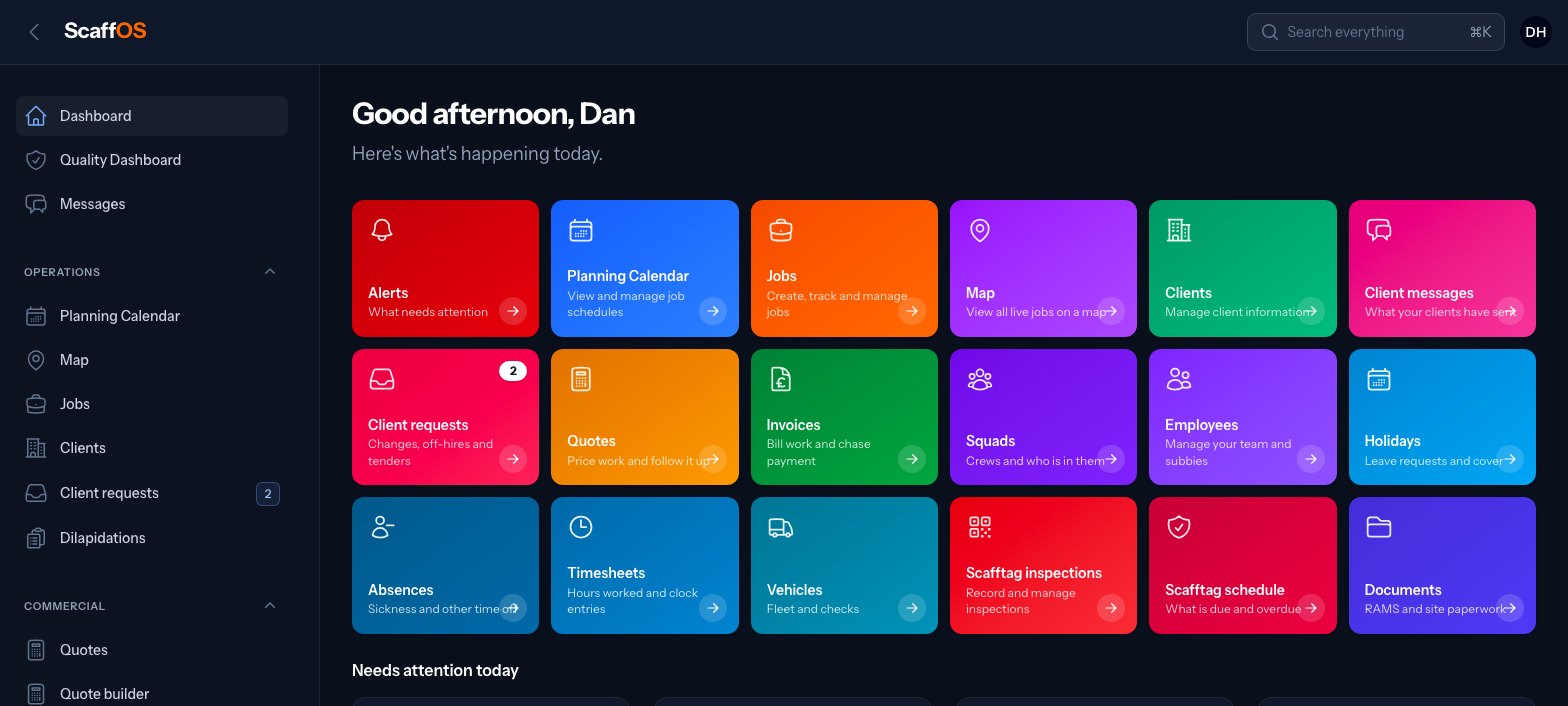 The ScaffOS office dashboard, with tiles for alerts, planning, jobs, map, clients, quotes, invoices, squads, timesheets, vans and inspections