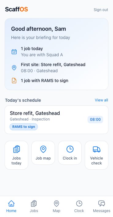 The ScaffOS crew app on a phone, showing today's jobs and the clock in button