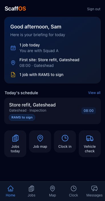 The ScaffOS crew app on a phone, showing today's jobs and the clock in button